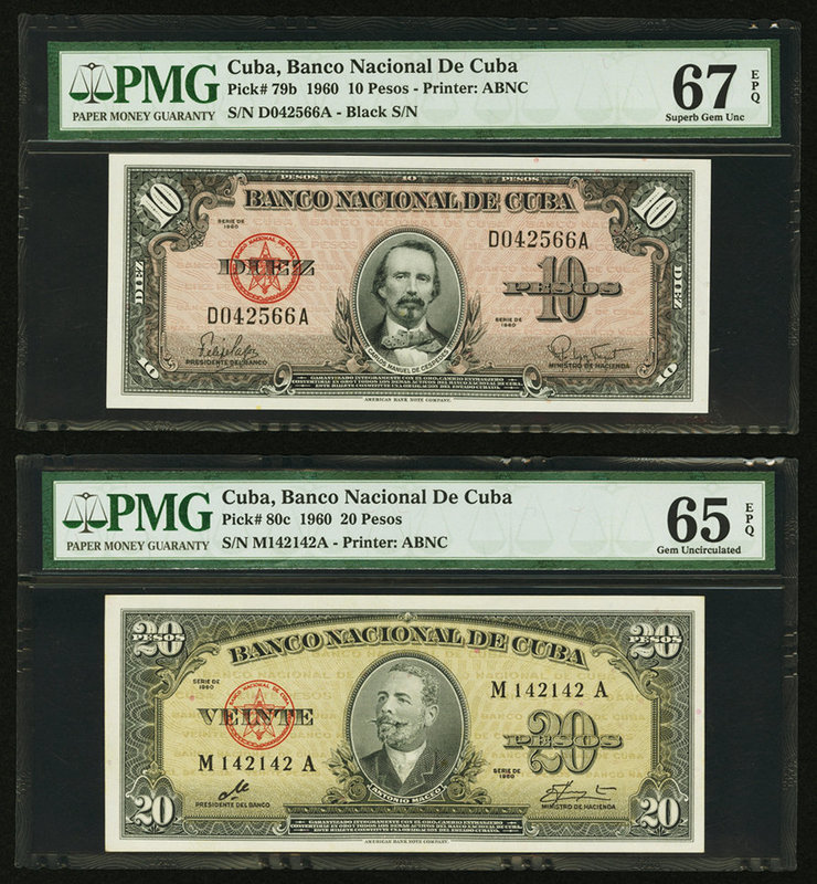 Cuba Banco Nacional de Cuba Lot Of Five PMG Graded Examples. 100 Pesos 1950 Pick...