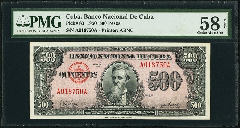 Cuba Banco Nacional de Cuba 500 Pesos 1950 Pick 83 PMG Choice About Unc 58 EPQ. ...