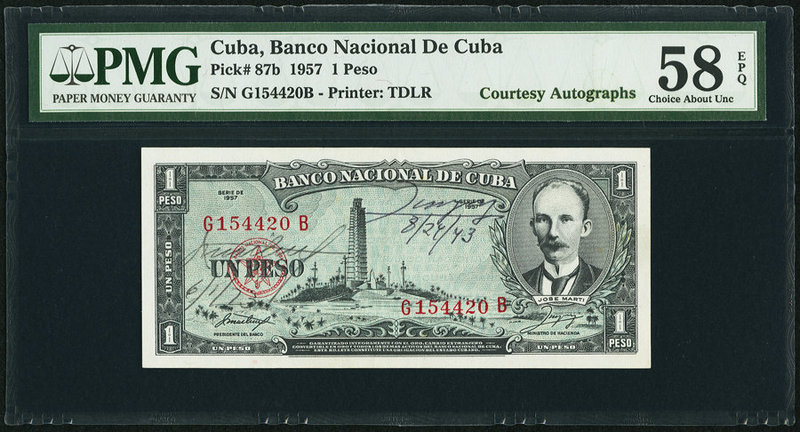 Cuba Banco Nacional de Cuba 1 Peso 1957 Pick 87b "Courtesy Autographs" PMG Choic...