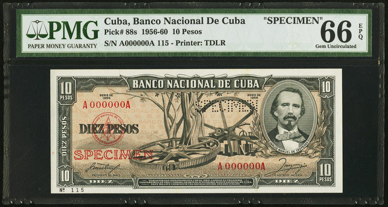 Cuba Banco Nacional de Cuba 10 Pesos 1956 Pick 88s1 Specimen PMG Gem Uncirculate...