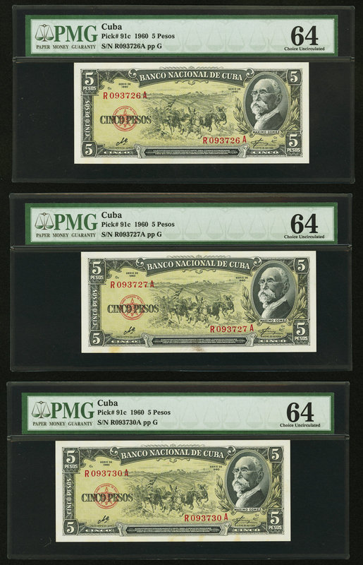 Cuba Banco Nacional de Cuba 5 Pesos 1960 Pick 91c Six Examples PMG Choice Uncirc...