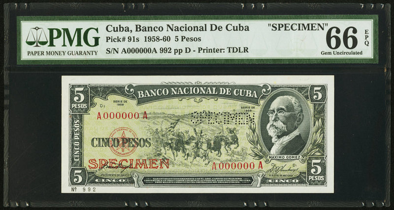Cuba Banco Nacional de Cuba 5 Pesos 1958 Pick 91s1 Specimen PMG Gem Uncirculated...