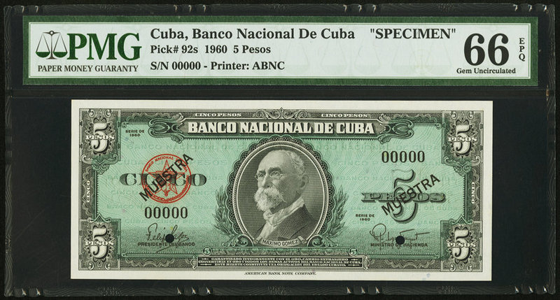 Cuba Banco Nacional de Cuba 5 Pesos 1960 Pick 92s Specimen PMG Gem Uncirculated ...