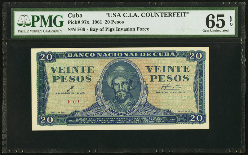 Cuba Banco Nacional de Cuba 20 Pesos 1961 Pick 97x "USA C.I.A COUNTERFIT" PMG Ge...