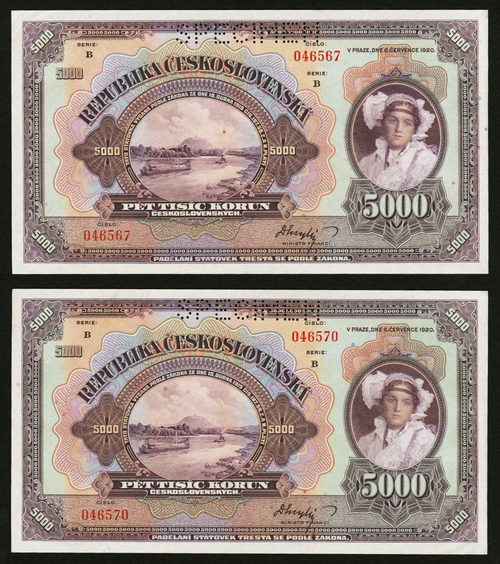 Czechoslovakia Republika Ceskoslovenska 5000 Korun 6.7.1920 Pick 19s, Two Specim...