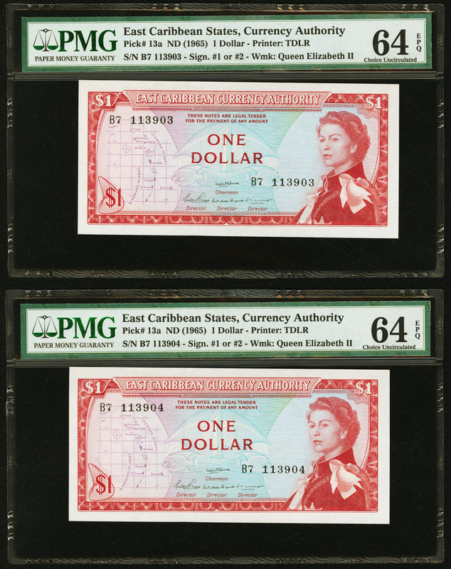 East Caribbean States Currency Authority 1 Dollar ND (1965) Pick 13a Two Consecu...