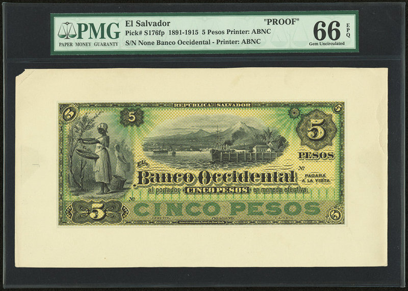 El Salvador Banco Occidental 5 Pesos 1891-1915 Pick S176fp Front Proof PMG Gem U...