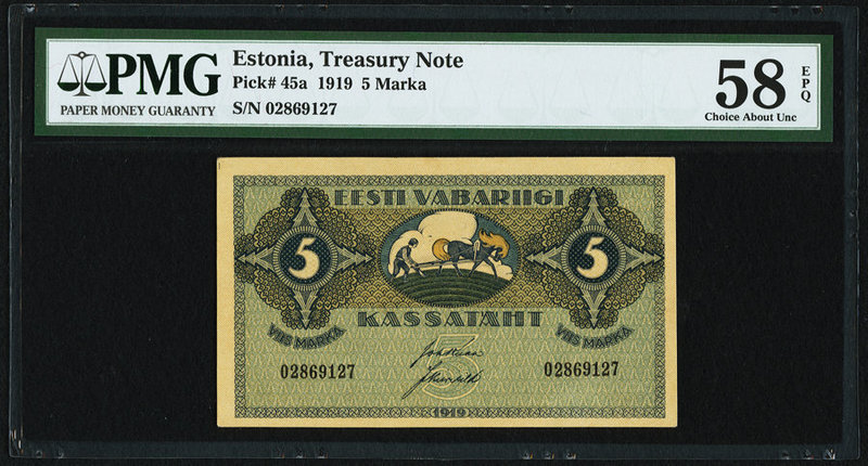 Estonia Treasury Note 5 Marka 1919 Pick 45a PMG Choice About Unc 58 EPQ. 

HID09...