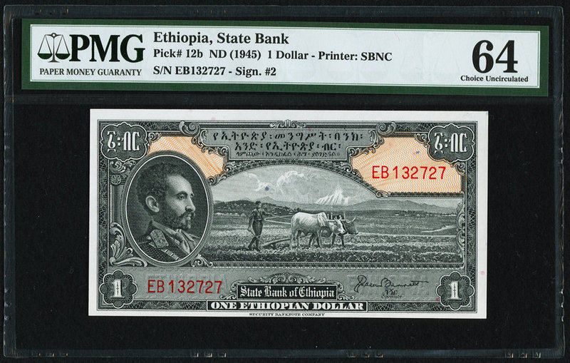 Ethiopia State Bank of Ethiopia 1 Dollar ND (1945) Pick 12b PMG Choice Uncircula...
