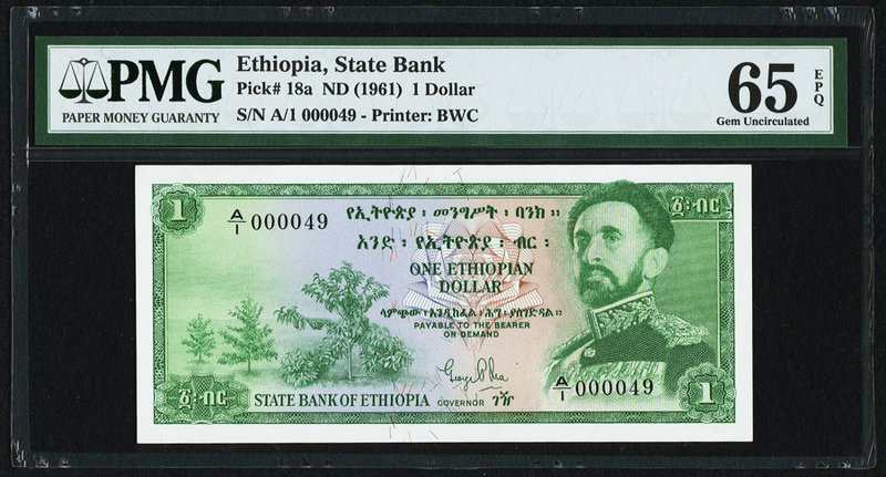 Ethiopia State Bank of Ethiopia 1 Dollar ND (1961) Pick 18a PMG Gem Uncirculated...
