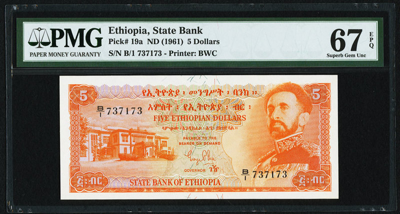 Ethiopia State Bank of Ethiopia 5 Dollars ND (1961) Pick 19a PMG Superb Gem Unc ...