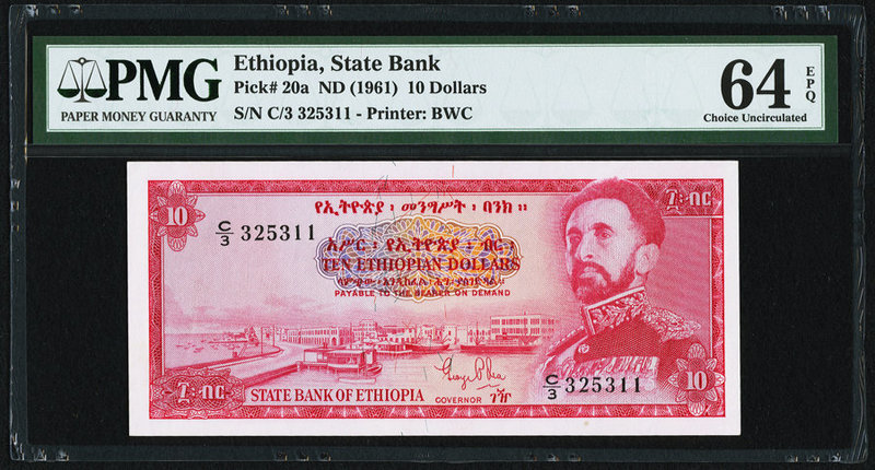 Ethiopia State Bank of Ethiopia 10 Dollars ND (1961) Pick 20a PMG Choice Uncircu...
