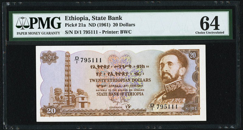 Ethiopia State Bank of Ethiopia 20 Dollars ND (1961) Pick 21a PMG Choice Uncircu...