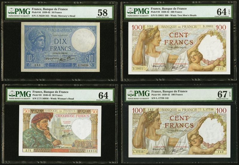 France Banque de France Lot Of Four PMG Graded Examples. 10 Francs 24.10.1940 Pi...