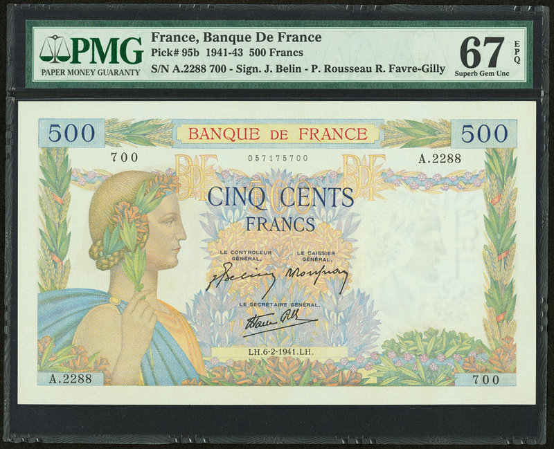 France Banque de France 500 Francs 6.2.1941 Pick 95b PMG Superb Gem Unc 67 EPQ. ...
