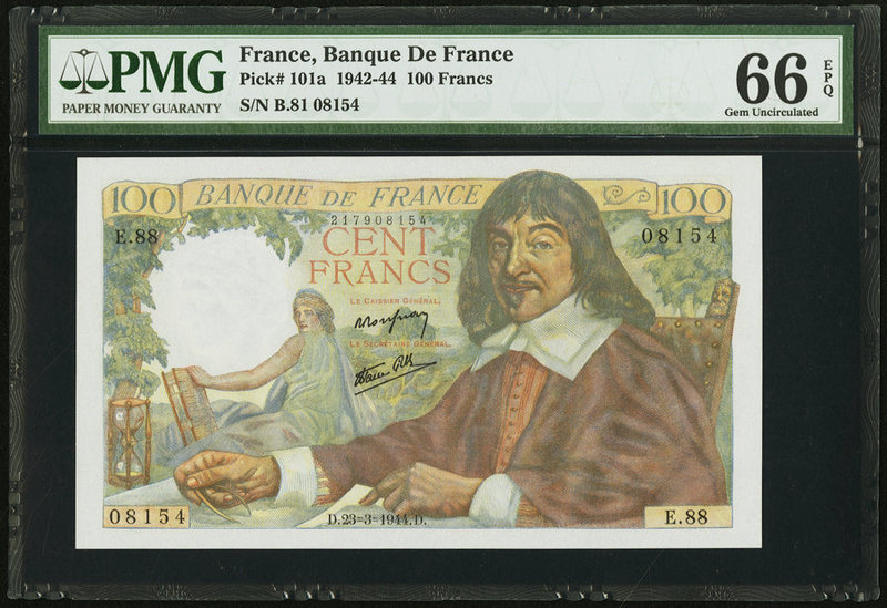France Banque de France 100 Francs 23.3.1944 Pick 101a PMG Gem Uncirculated 66 E...