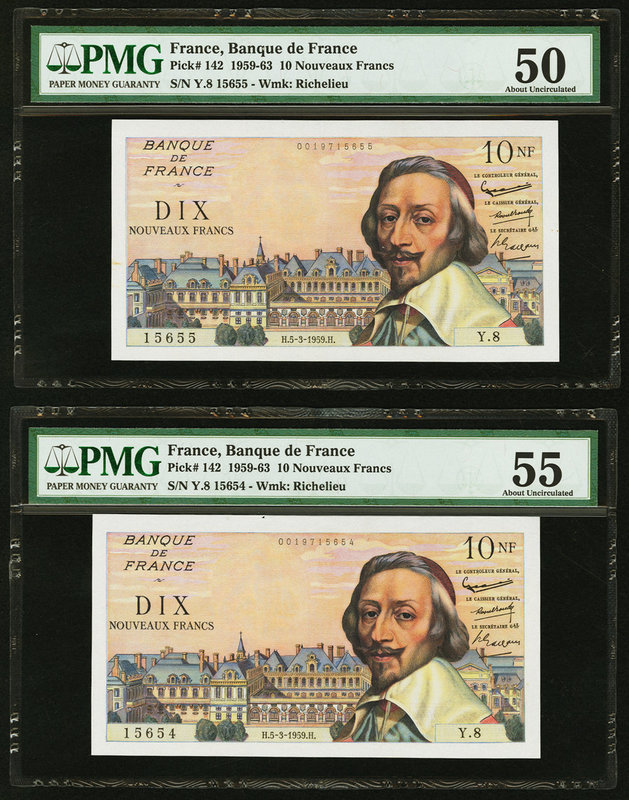 France Banque de France 10 Nouveaux Francs 5.3.1959 Pick 142 Two Consecutive Exa...