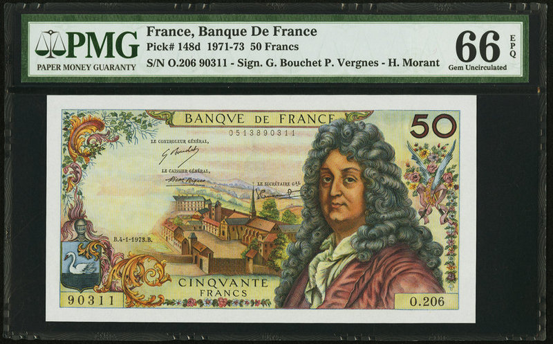France Banque de France 50 Francs 4.1.1973 Pick 148d PMG Gem Uncirculated 66 EPQ...
