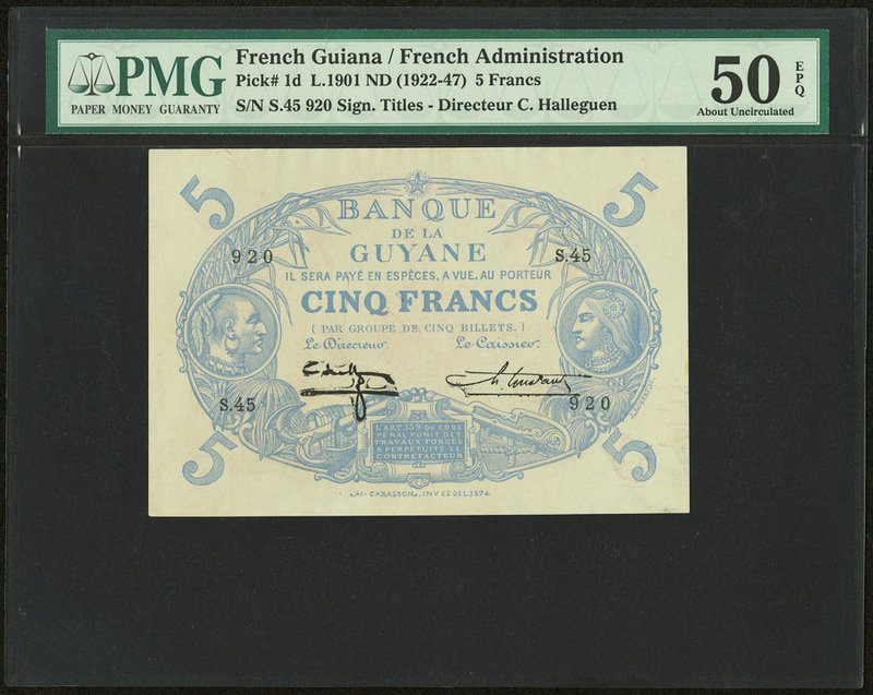 French Guiana Banque de la Guyane 5 Francs 1901 ND (1922-47) Pick 1d PMG About U...