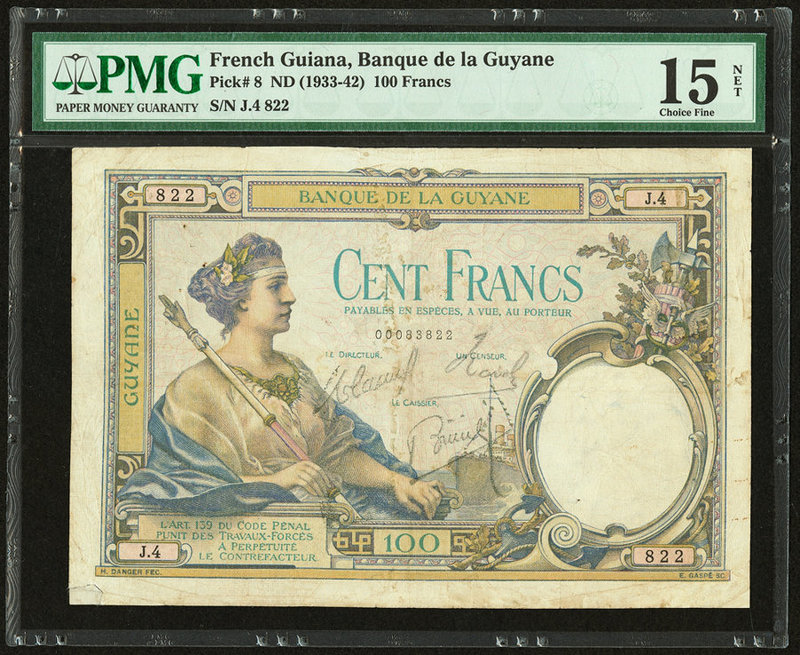 French Guiana Banque de la Guyane 100 Francs ND (1933-42) Pick 8 PMG Choice Fine...