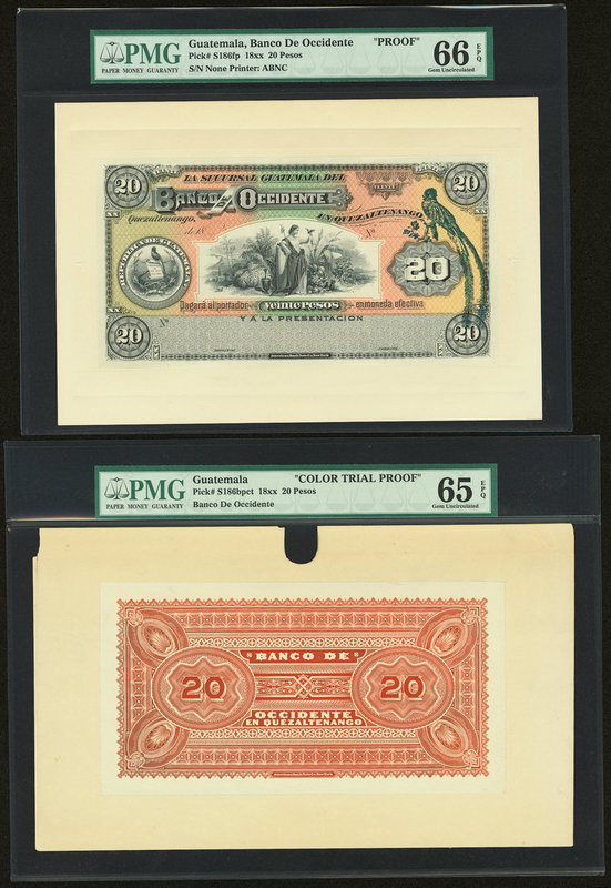 Guatemala Banco de Occidente 20 Pesos 18xx Pick S186fp; S186bpct Proof; Color Tr...