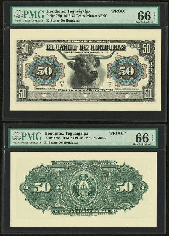 Honduras Banco de Honduras 50 Pesos 1913 Pick 27fp; 27bp Front And Back Proofs P...