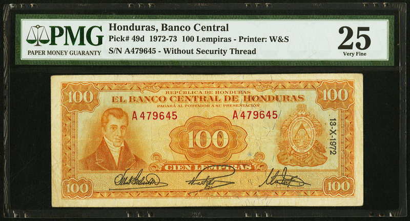 Honduras Banco Central de Honduras 100 Lempiras 13-X-1972 Pick 49d PMG Very Fine...