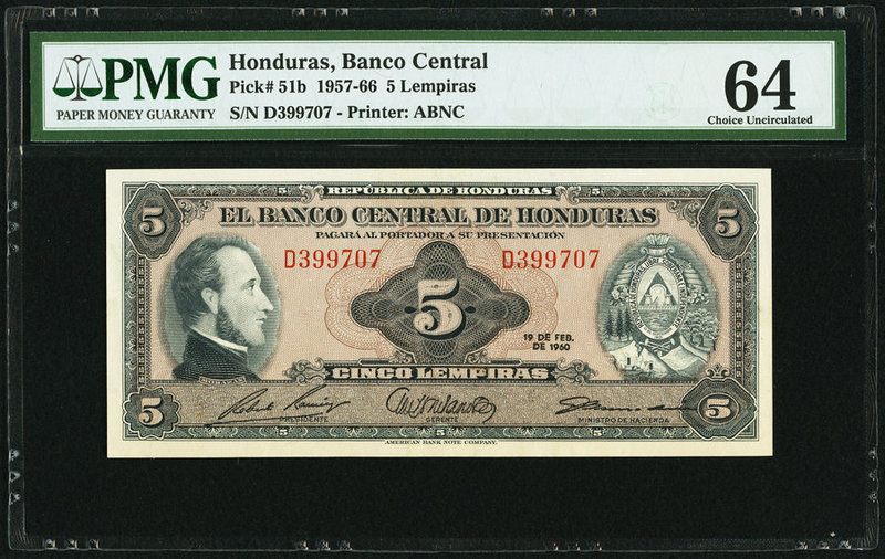 Honduras Banco Central de Honduras 5 Lempiras 19.2.1960 Pick 51b PMG Choice Unci...