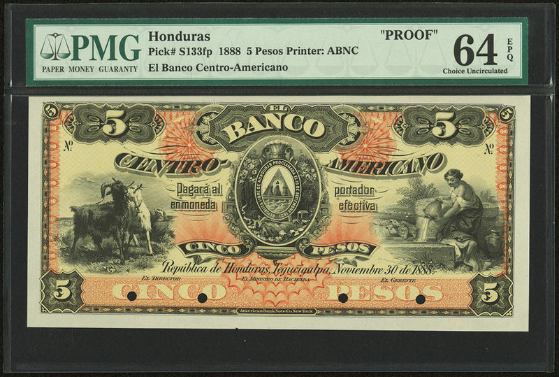 Honduras Banco Centro-Americano 5 Pesos 30.11.1888 Pick S133fp Front Proof PMG C...