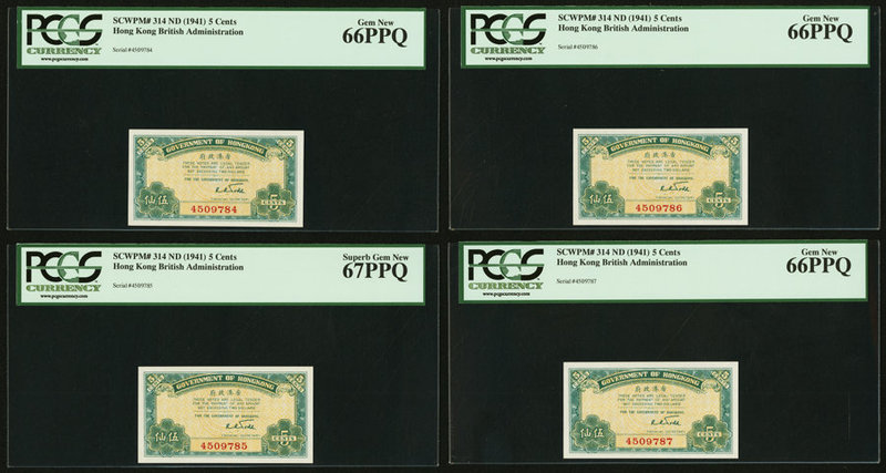 Hong Kong Government of Hong Kong 5 Cents ND (1941) Pick 314 KNB4 Four Consecuti...