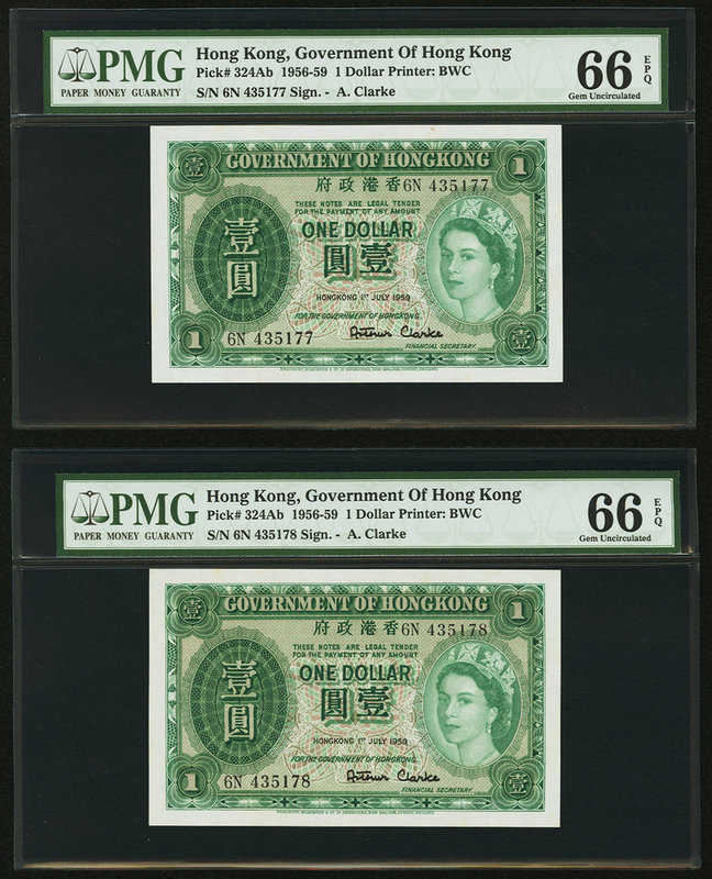 Hong Kong Government of Hong Kong 1 Dollar 1.7.1959 Pick 324Ab KNB19 Two Consecu...