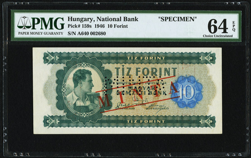 Hungary Hungarian National Bank 10 Forint 1946 Pick 159s Specimen PMG Choice Unc...