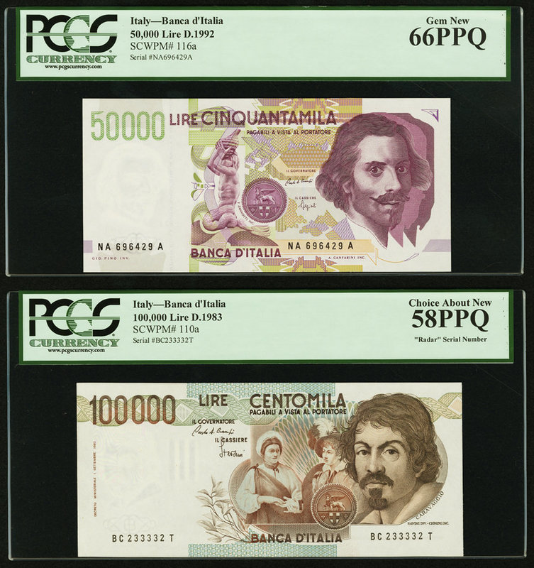 Italy Banca d'Italia 50,000; 100,000 Lire 1992; 1983 Pick 116a; 110a PCGS Gem Ne...