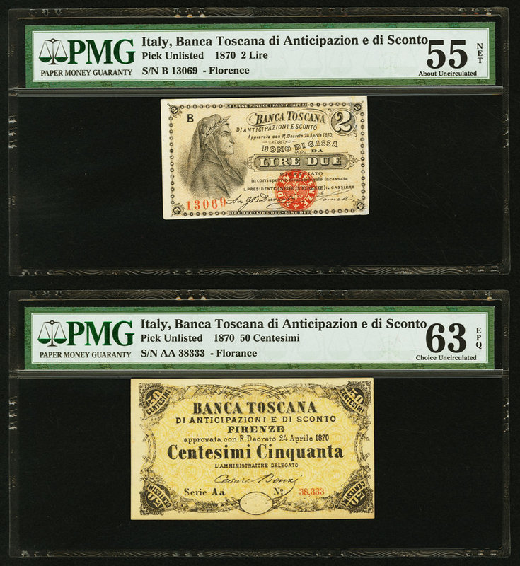 Italy Banca Toscana 2 Lire; 50 Centesimi 24.5.1870 Pick UNL Two Examples PMG Abo...