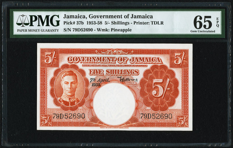 Jamaica Government of Jamaica 5 Shillings 7.5.1955 Pick 37b PMG Gem Uncirculated...