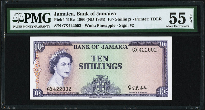 Jamaica Bank of Jamaica 10 Shillings 1960 (ND 1964) Pick 51Bc PMG About Uncircul...