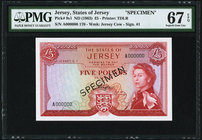 Jersey States of Jersey 5 Pounds ND (1963) Pick 9s1 Specimen PMG Superb Gem Unc 67 EPQ. Printer's annotation.

HID09801242017