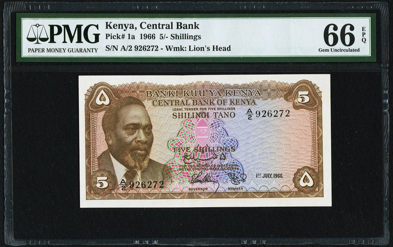 Kenya Central Bank of Kenya 5 Shillings 1.7.1966 Pick 1a PMG Gem Uncirculated 66...