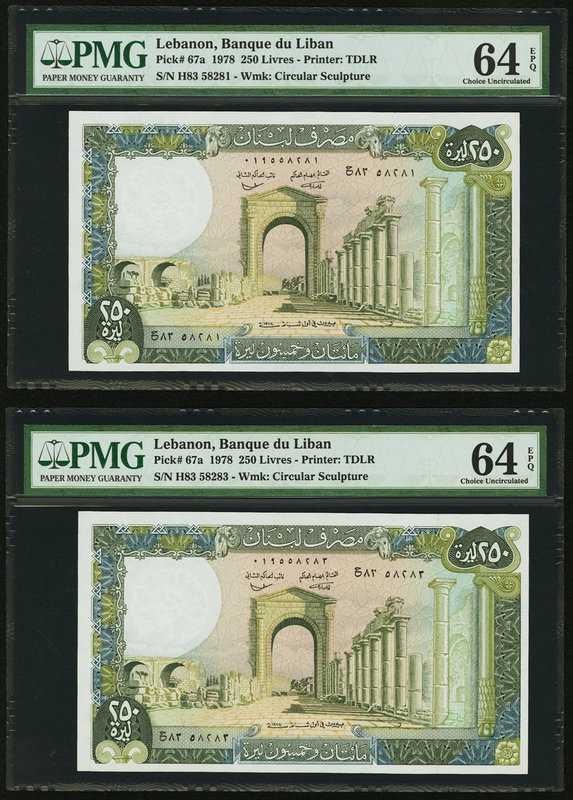 Lebanon Banque du Liban 250 Livres 1978 Pick 67a Two Examples PMG Choice Uncircu...