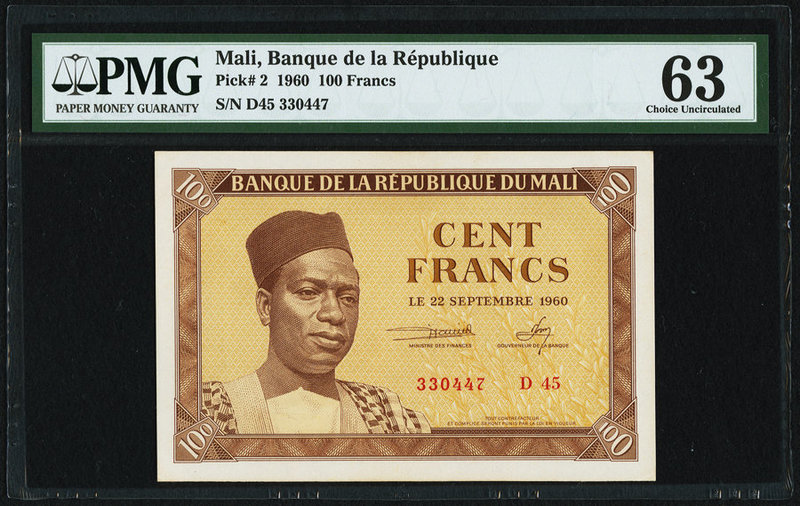 Mali Banque de la Republique Mali 100 Francs 22.9.1960 Pick 2 PMG Choice Uncircu...