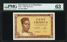 Mali Banque de la Republique Mali 100 Francs 22.9.1960 Pick 2 PMG Choice Uncirculated 63. 

HID09801242017