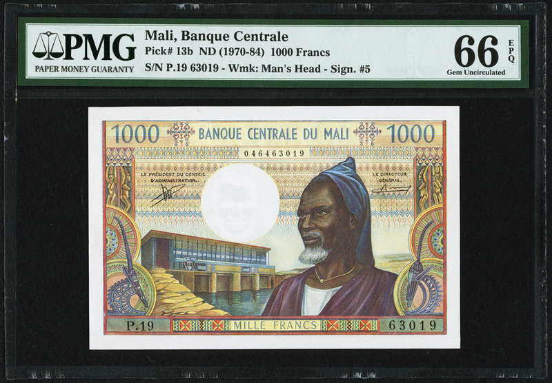 Mali Banque Centrale du Mali 1000 Francs ND (1970-84) Pick 13b PMG Gem Uncircula...