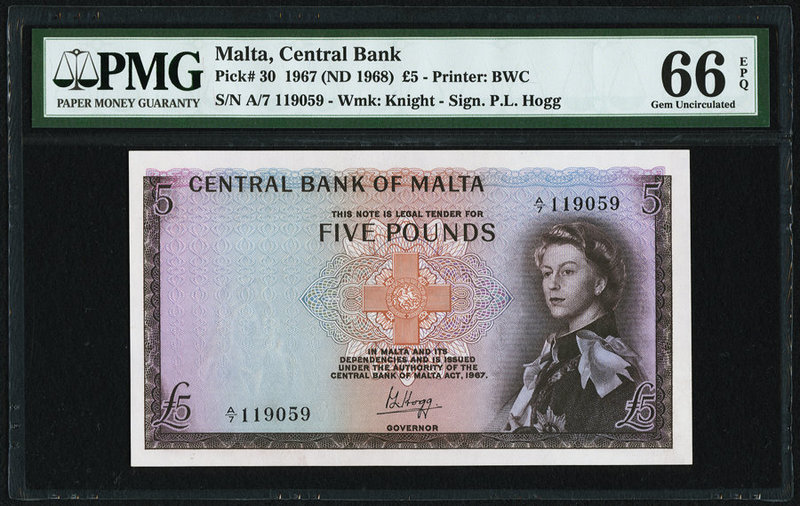 Malta Central Bank of Malta 5 Pounds 1967 (ND 1968) Pick 30 PMG Gem Uncirculated...