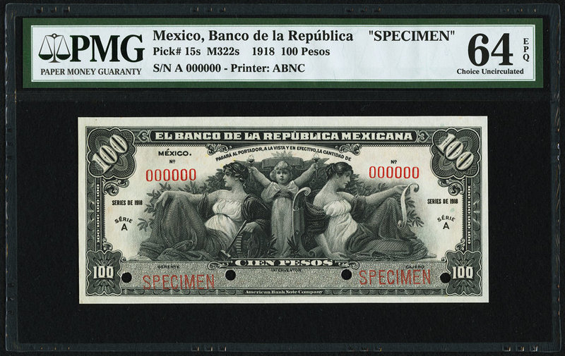 Mexico Banco de la Republica 100 Pesos 1918 Pick 15s M322s Specimen PMG Choice U...