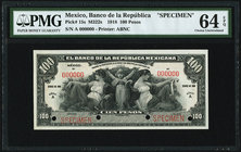 Mexico Banco de la Republica 100 Pesos 1918 Pick 15s M322s Specimen PMG Choice Uncirculated 64 EPQ. Four POCs.

HID09801242017