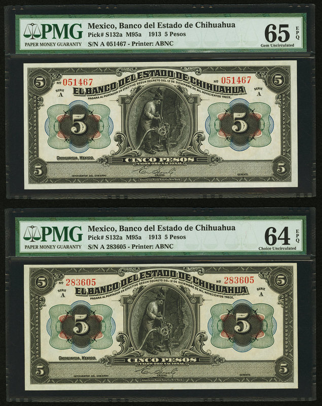 Mexico Banco del Estado de Chihuahua 5 Pesos 1913 Pick S132a M95a Two Examples P...
