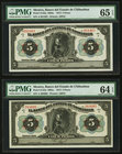Mexico Banco del Estado de Chihuahua 5 Pesos 1913 Pick S132a M95a Two Examples PMG Gem Uncirculated 65 EPQ; Choice Uncirculated 64 EPQ. 

HID098012420...