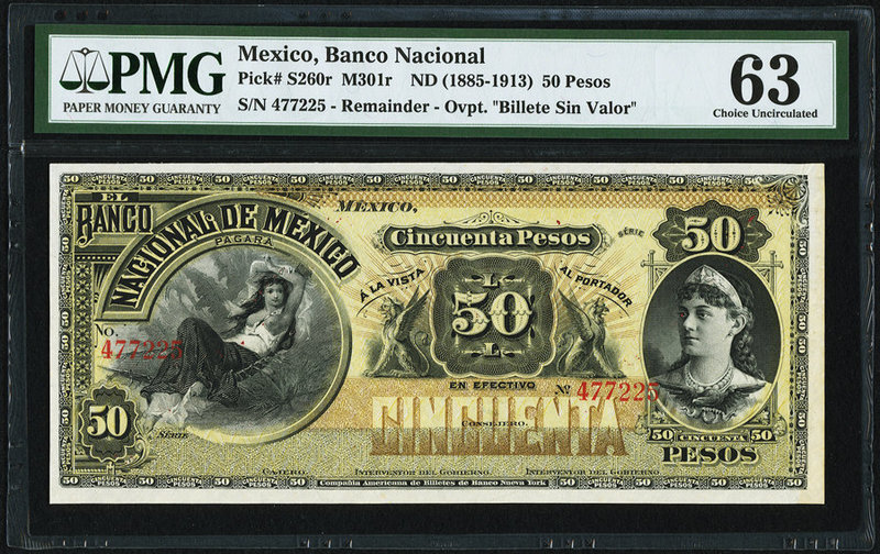 Mexico Banco Nacional de Mexicano 50 Pesos ND (1885-1913) Pick S260r M301r Remai...