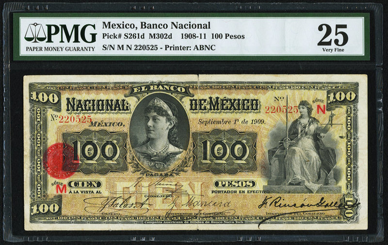 Mexico Banco Nacional de Mexicano 100 Pesos 1.9.1909 Pick S261d M302d PMG Very F...