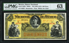 Mexico Banco Nacional de Mexicano 500 Pesos ND (1885-1913) Pick S262r M304r Remainder PMG Choice Uncirculated 63. Previously mounted.

HID09801242017
